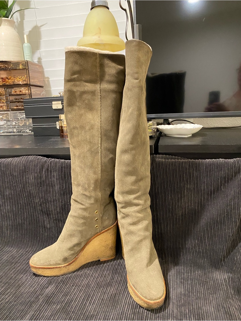 Yves Saint Laurent Olive Suede Over-the-Knee Wedge Boots